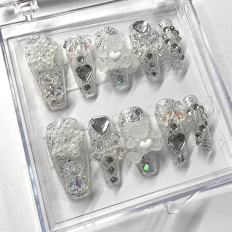 10PCS Handmade Cute Bear Acrylic Press On Nail Y2K Short False Nails Stickers Thick Long Coffin Fake Nail With Glue Custom Gift