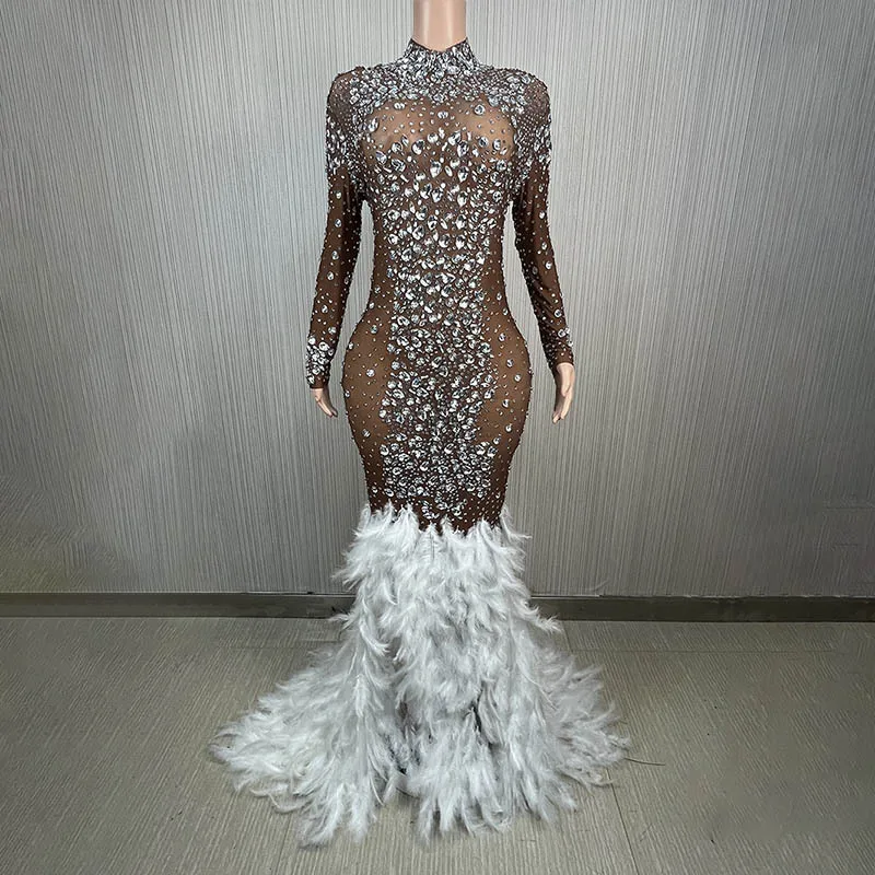 Luxury Shiny Crystal Diamond Elastic Tight Feather Splice Dress Empress Cross dress Show Luxury Prom Dress Performance Costume