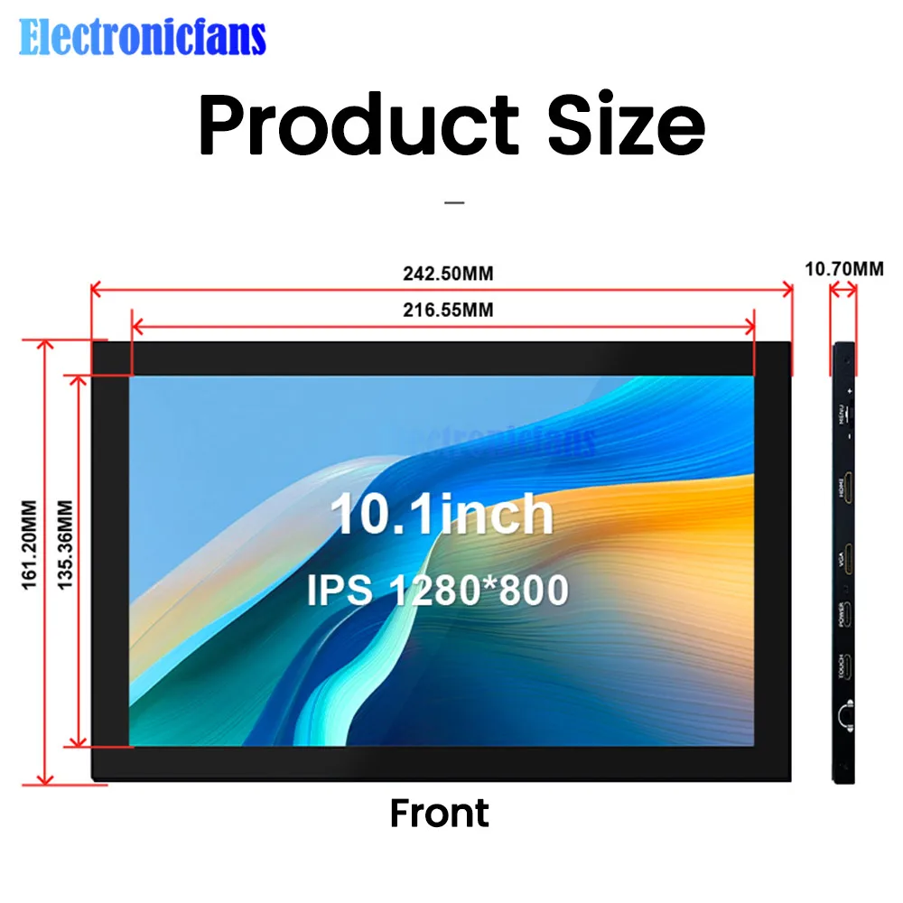 10.1inch LCD Capacitive Touch Screen 1280X800 IPS Display Type-C Interface Dual Channel Stereo Module for Raspberry Pi 3B/4