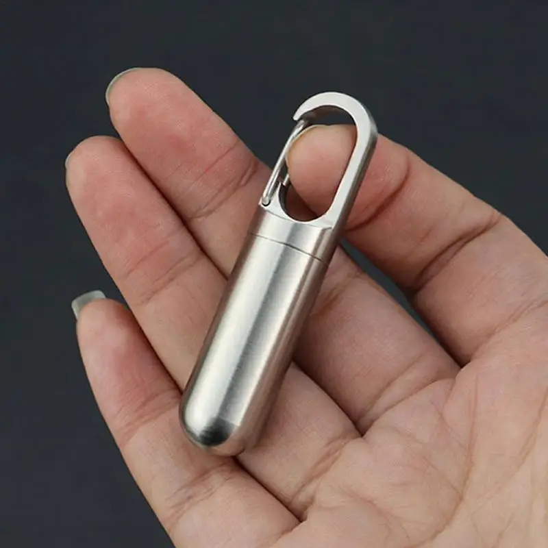 1pc Portable Stainless Steel Medicine Bottle Keychain Case Container Waterproof HolderDrug Pill Box Keyring For Outdoor Camping