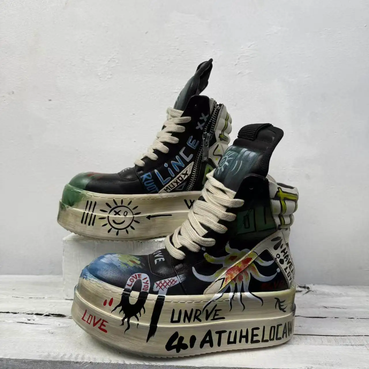 Remark Culture Basqut Thick Sole Punk Style Collaboration Edition Graffiti Real Leather Unisex Platform High-Top Gbasket  Boots