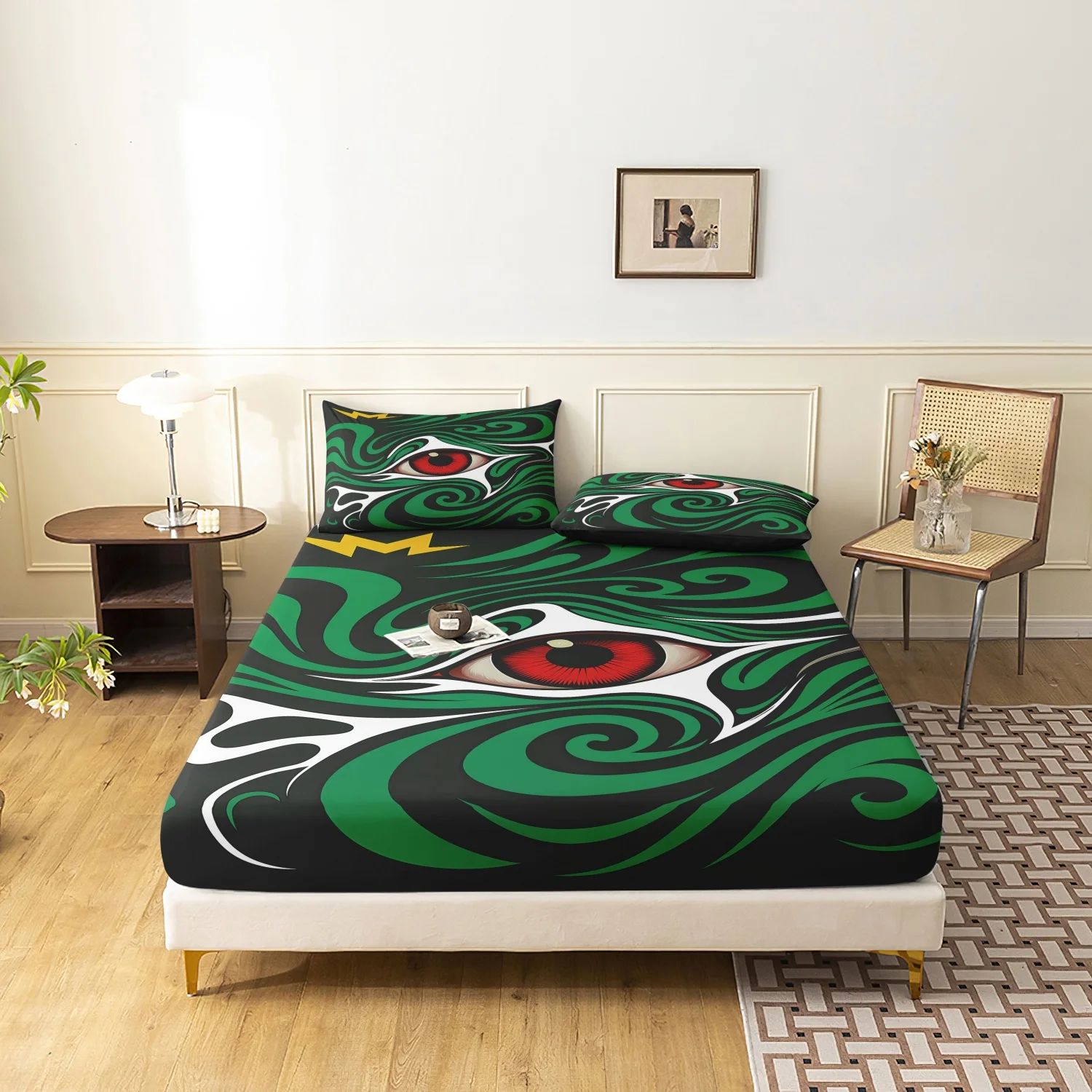 3‑Pieces Green Swirl Red Evil‑Eye Fitted Sheet Set, Lightning Eyeball Printed Bedding, For Bedroom Home Decoration