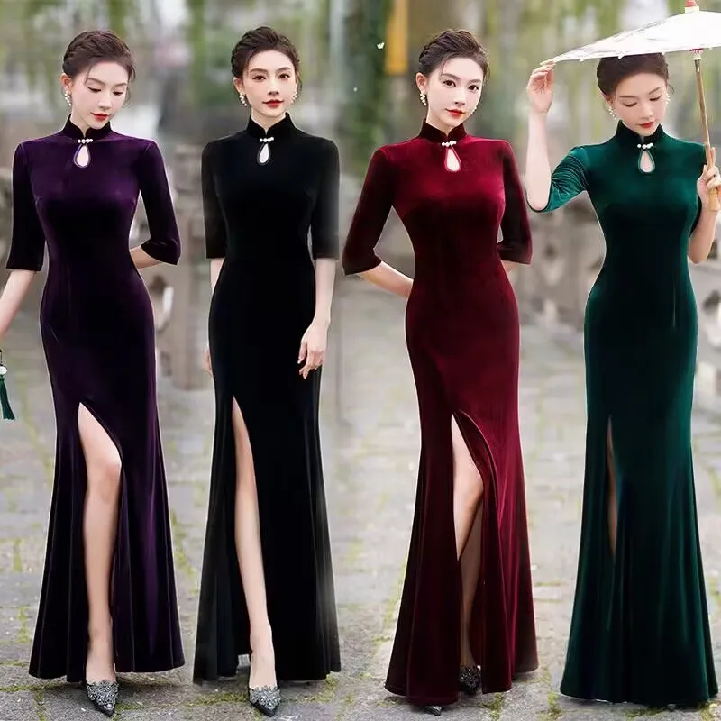 

New High End Golden Velvet Cheongsam Dress Stage Runway Show Performance Costumes Party Dresses Women Sexy Evening Long Dress