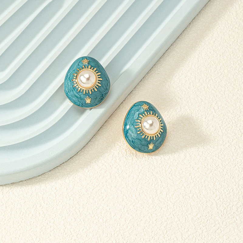 Metal Enamel Imitation Pearl Post Earrings For Women Vintage New Designed Styles Fashion Jewelry Fancy Party Accessories 2023379