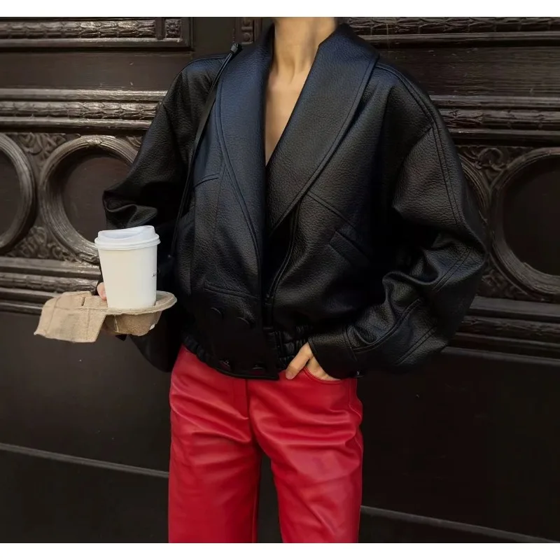 Street PU Leather Jackets for Women Loose Hidden Buckle Pockets Full Sleeve Coats New 2026 Autumn Lady Casual Commute Outwear