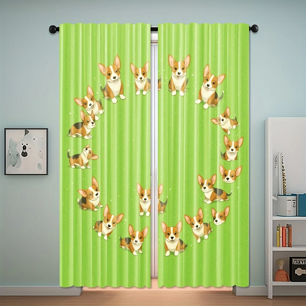 Lovely Corgi Blackout Rod Pocket Curtain Full Print Cute Puppy Fresh Green Decor Pet Cafe Homestay Child Rest Bay Window