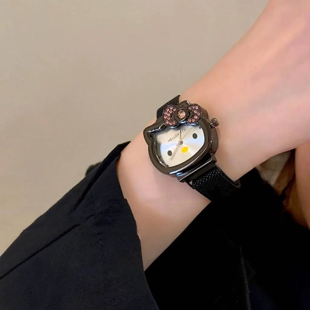 Kawaii Hello Kitty Watch Metal Vintage Diamond Bow Ladies Watch Kawaii Girl Birthday Cartoon Anime Student Magnet Strap Gifts