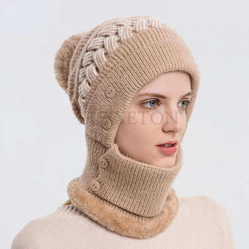 Winter Warm Knitted Beanies Thick Fleece Hats Pullovers Masked Hats for Women Windproof Caps with Scarf Outdoor Cycling