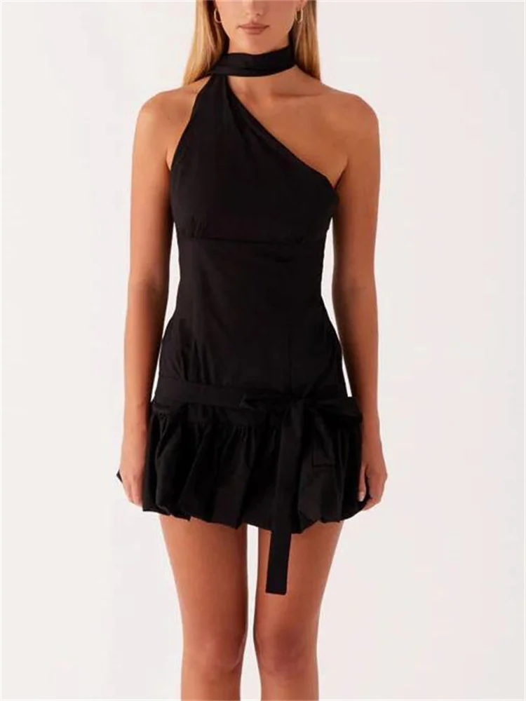 تي القوس الدانتيل متابعة عارية الذراعين فستان قصير الإناث المرقعة خارج الكتف سليم Bodycon فستان صيف 2025 مثير المرأة فستان الرسن