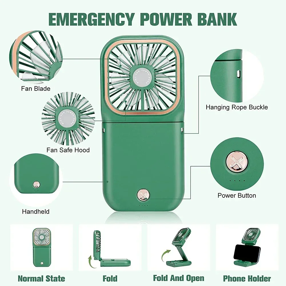 Draagbare miniventilator Draagbare opvouwbare ventilator USB oplaadbaar met Power Bank Desktopventilator Multifunctionele opvouwbare ventilator met hangende nek