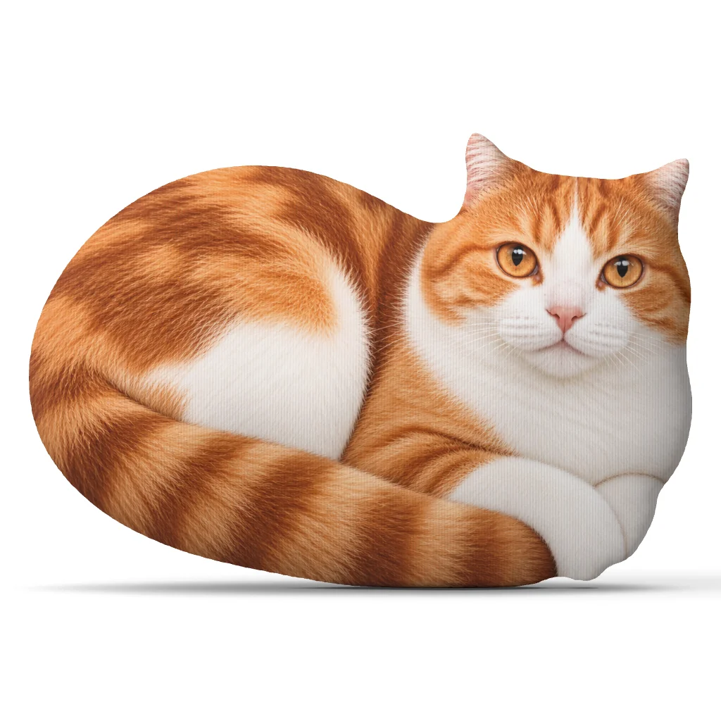 Curled Ginger White Cat Plush Pillow Stuffed Cushion Shaped Throw Pillow Cat Lover Gift for Sofa Bedroom Home Decor Accent