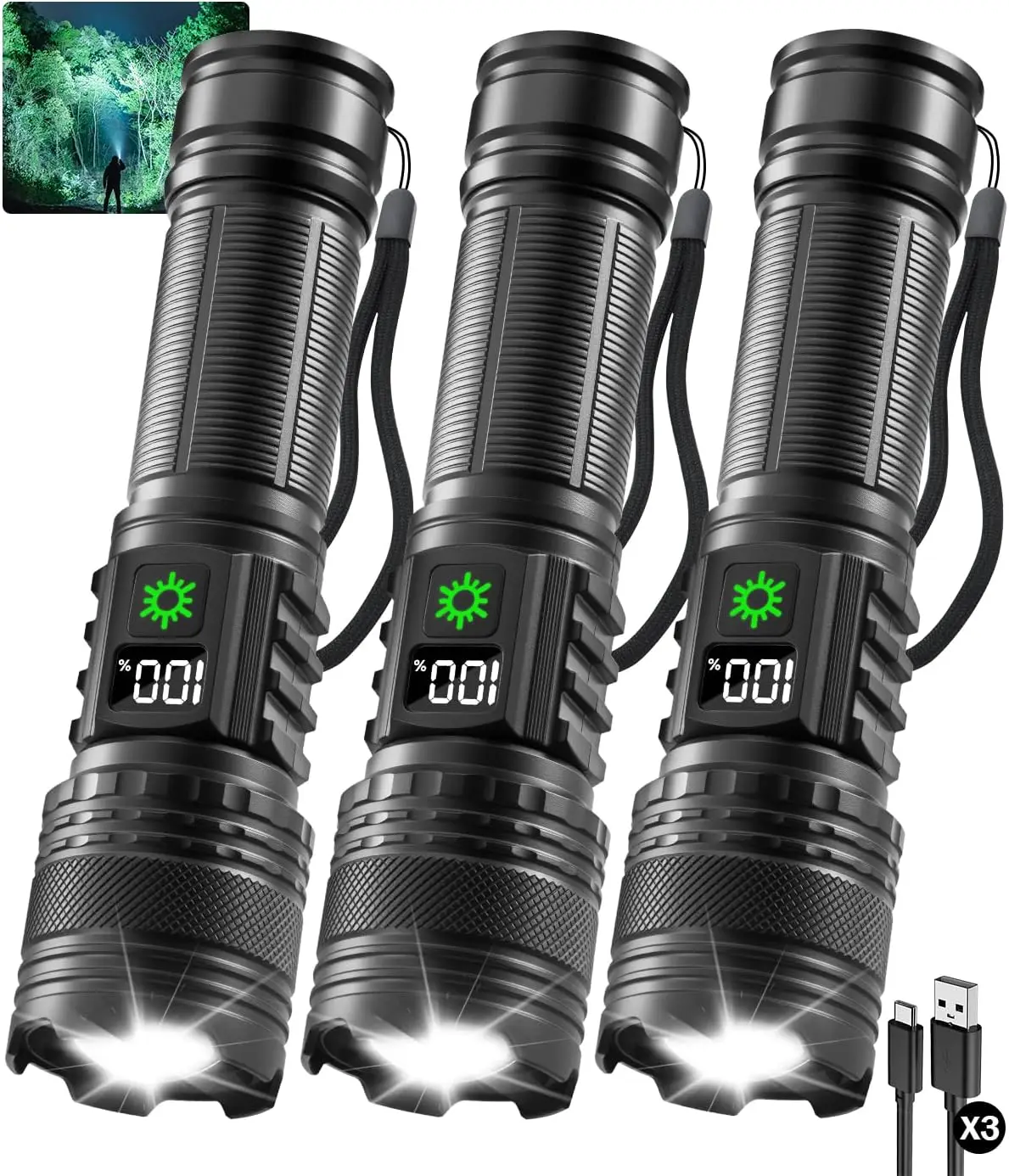 

3-Pack High Lumens Rechargeable LED Flashlights with LCD Display, 5 Modes Adjustable Focus for Home & Outdoor Use