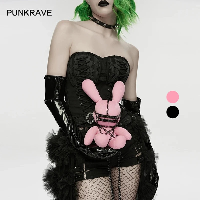 PUNK RAVE Women's Punk Cotton Filling Rivet Doll High-quality Rebellious Feeling Rabbit Shape Bundling Chains Design Accessory