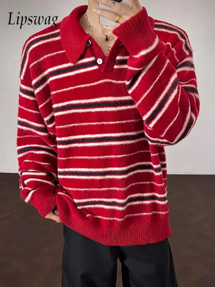 

Fashion Buttoned Polo Neck Sweaters Men Vintage Long Sleeve Slim Sweater Polo Shirts Mens Autumn Winter Casual Striped Pullovers