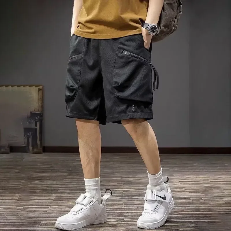 

Elastic Waist Mens Cargo Shorts Long Baggy Half Short Pants for Men Solid with Draw String Zipper Bermuda Pockets Loose Wide Y2k