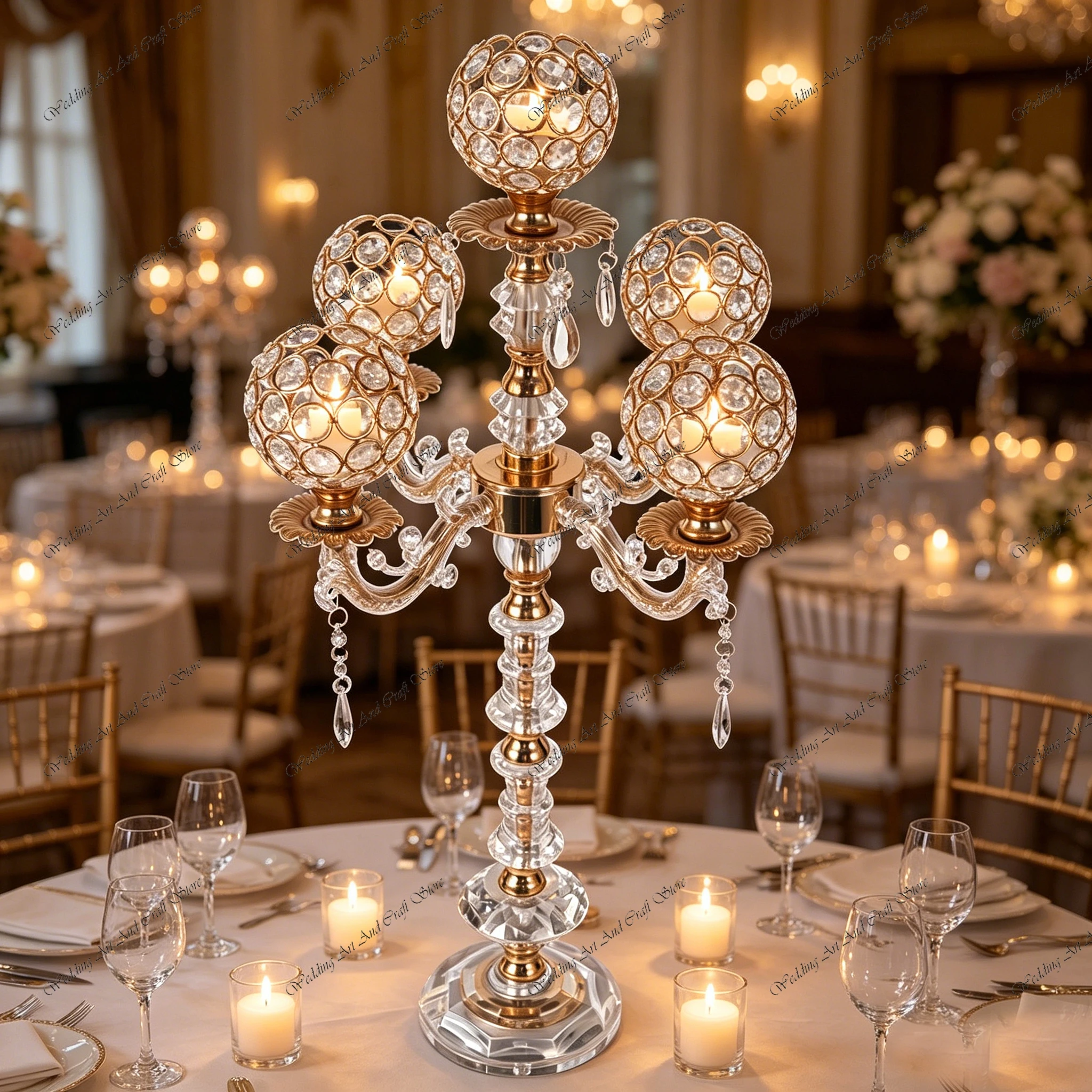

10pcs f30 65-105cm Gold Tall Floor Decorative Candelabra with Crystal Globe Attachments Candle Stand for Weddings Event ivy1041