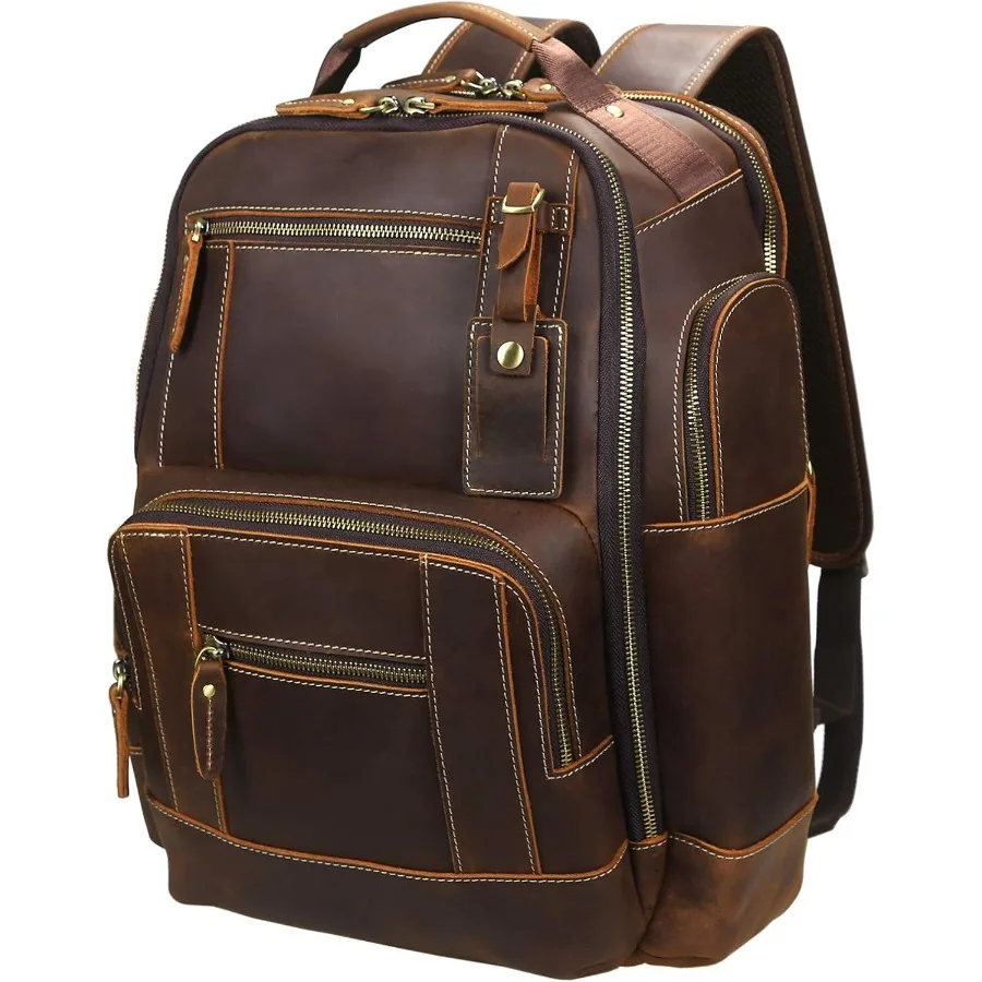 حقيبة ظهر LANNSYNE للرجال من الجلد المحبب بالكامل مقاس 15.6 بوصة للكمبيوتر المحمول والتخييم والسفر 24 لتر #1