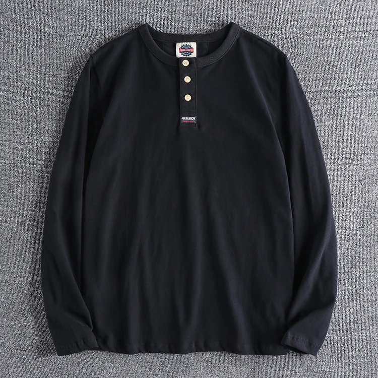 New Men's Cotton Henry Collar Long Sleeve T-Shirt Loose Fit American Retro Khaki Base Shirt Autumn Fashion Urban Style