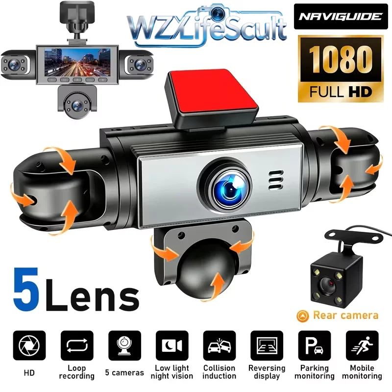 360-Degree Multi-Camera Dashcam, 5-Channel Simultaneous Recording, 1080P HD Night Vision, Loop Recording, Parking Monitoring, Wide-Angle Dashcam