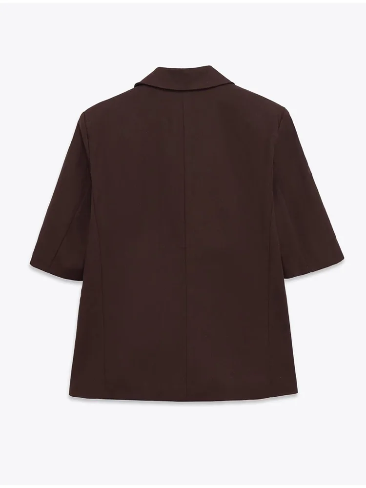 سترة نسائية أنيقة ملابس مكتبية صلبة بزر واحد وياقة على شكل طية صدر السترة وأكمام قصيرة ملابس خارجية نسائية