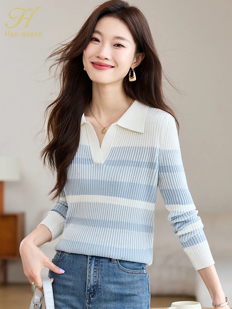 H Han Queen Autumn Winner Striped Pullover Korean Style Women's Clothing Vintage Casual Stretch Knitted Sweaters Long Sleeve Top