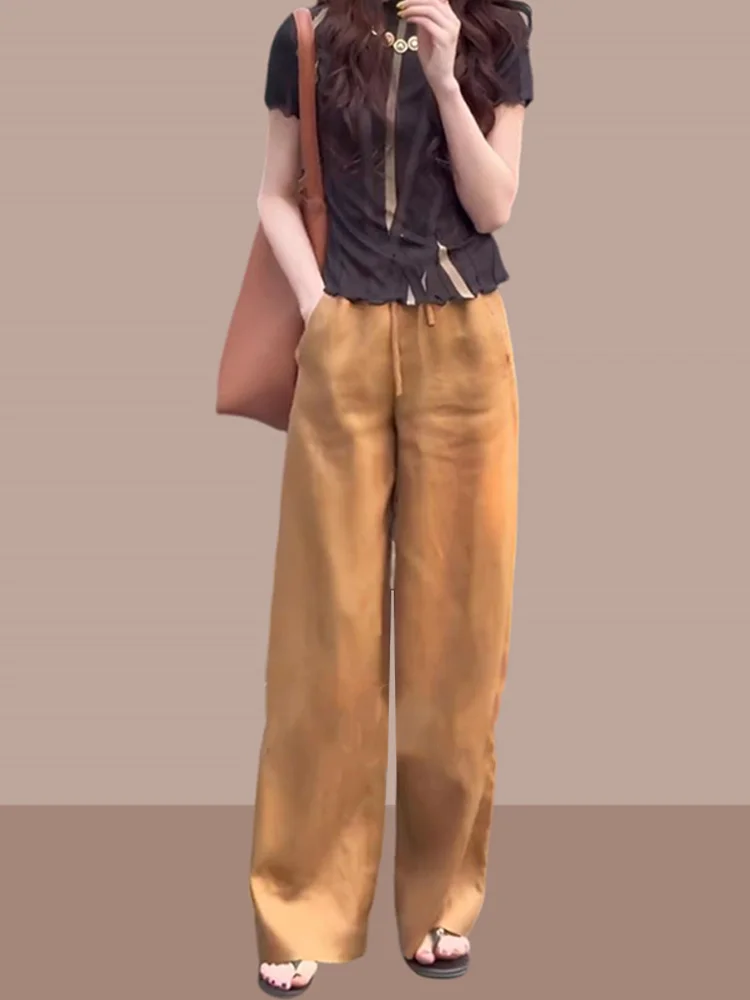 

Женские модные льняные брюки с высокой талией, свободного кроя, прямые, широкие штанины, летняя новинка, эффект похудения