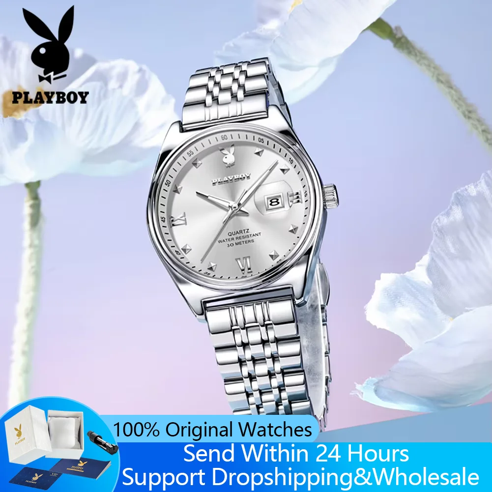 PLAYBOY 3556 Original Quartz Wrist Watch for Women Solid Steel Strap Waterproof Auto Date Luminous Luxury Brand Women's Watches