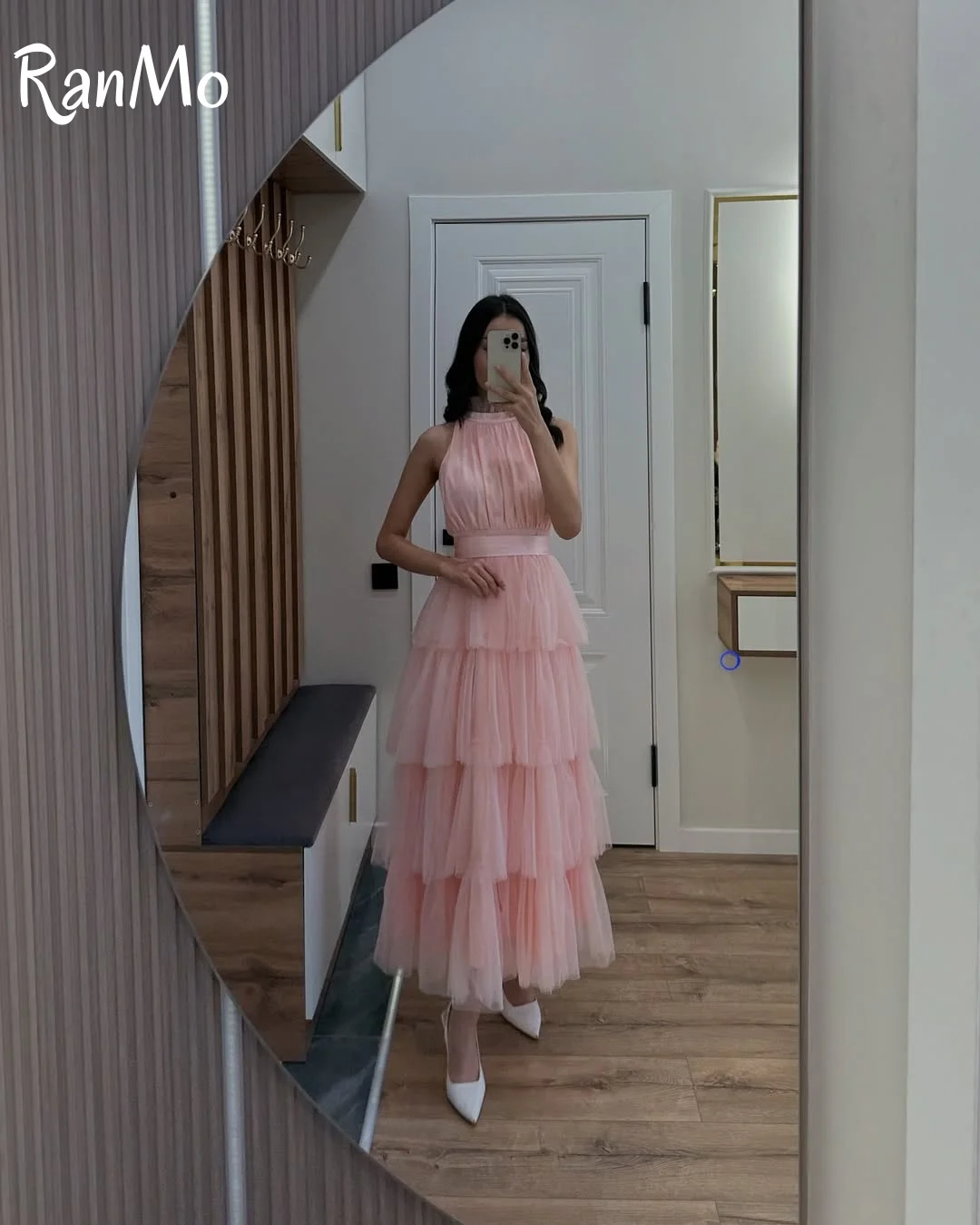 Ranmo Elegant Halter ชุดราตรีสีชมพูสาย Soft Tulle ชุดราตรีชาความยาวซิปด้านหลัง فساتة รัดตัวที่กําหนดเอง 2025