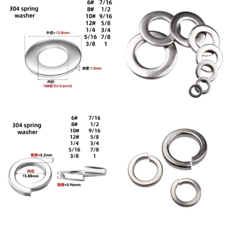 50Pcs UNC UNF 304 Stainless Steel Washers Are Corrosion-Resistant Heat-Resistant Strong Including Spring Washers And Flat Washer