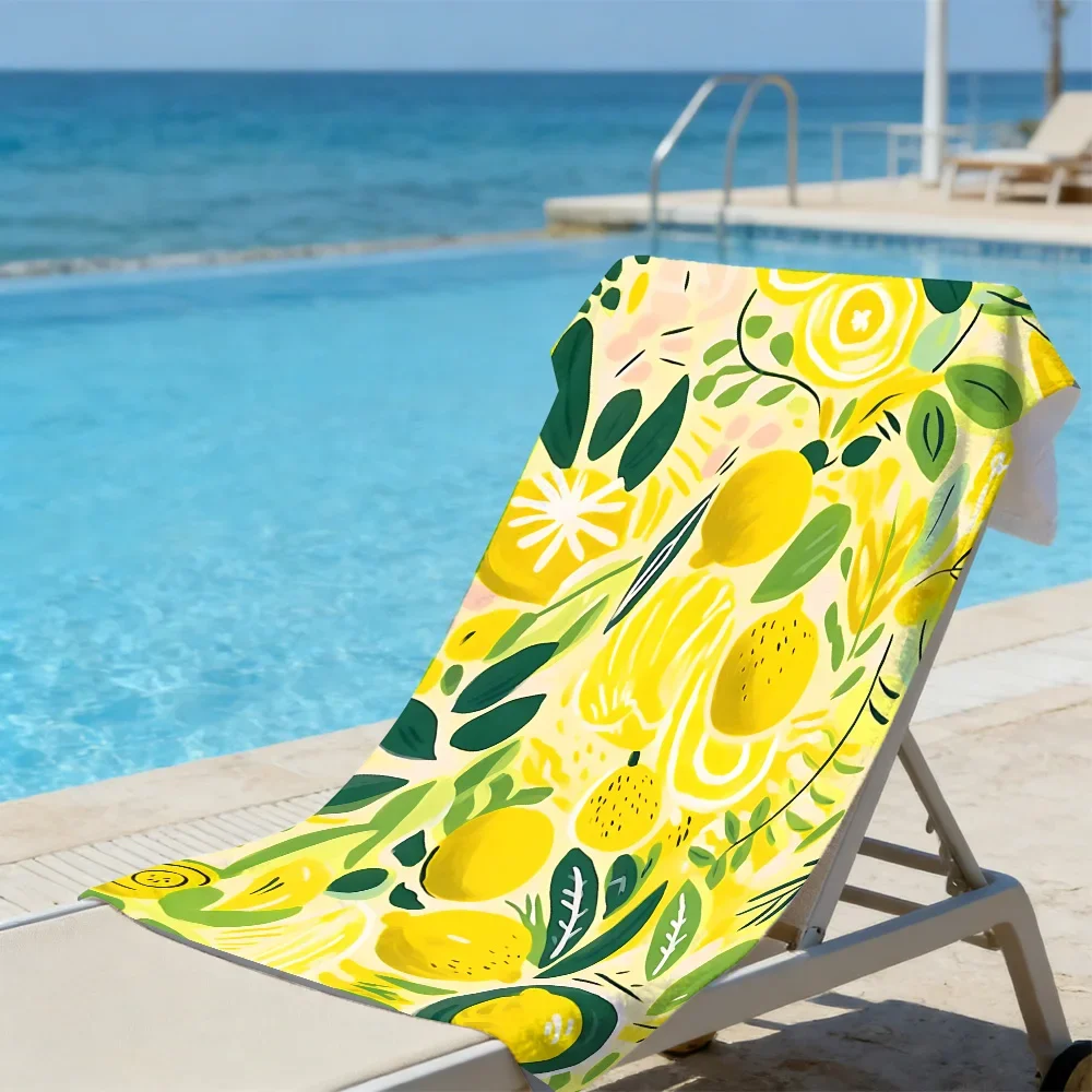 Lemon Illustration Beach Towel – Oversized Quick Dry Sand Free with Tropical Leaf Print