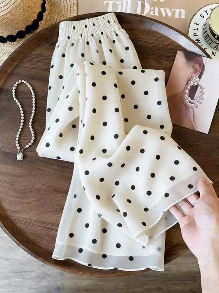 Sommerliche Damen-Hose mit Weitem Bein und Punktmuster, Süße Loose-Fit Hose mit Hoher Taille, Elegante Koreanische Mode, Lässige Weiche Allround-Hose
