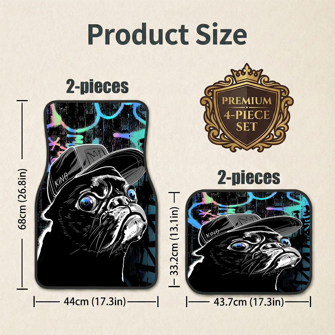 4pcs Pug Dog Style Car Mats | Polyester Fiber, Universal Fit, Unique Interior Look, Great Gift For Car Enthusiasts