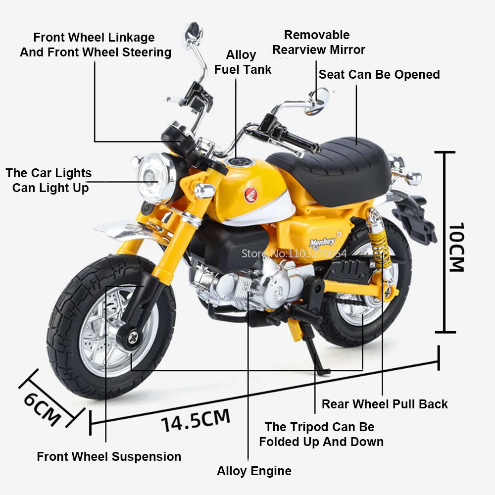 Pequeno macaco-liga motocicleta modelo brinquedo, ligação dianteira, roda dianteira, direção esquerda e direita, veículo de moto leve, 1/12