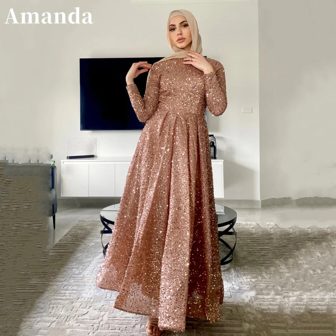 

Amanda Muslim Shinny Sequins Prom Dress Elegant Long Sleeves فساتين سهرة سعودية Pleated Long Dressvestido de festa noite