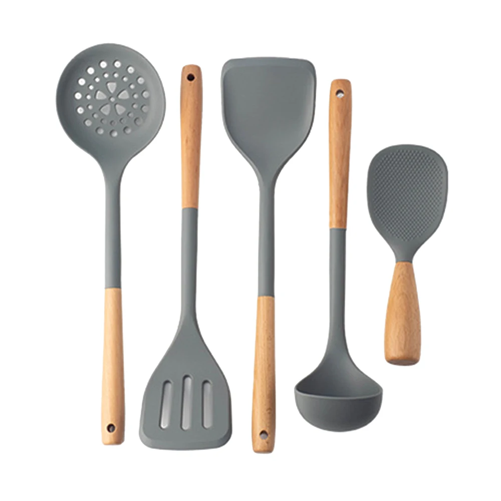 5Pcs Grey Wooden Handle Silicone Cooking Tool Non-stick Kitchen Utensils Silicone Spatula Baking Kitchen Utensils Tool