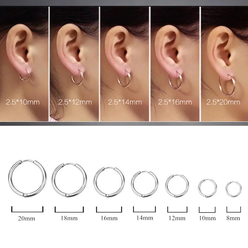 8/10/12/14/16/18/20mm Stainless Steel Huggie Hoop Earrings for Women Men