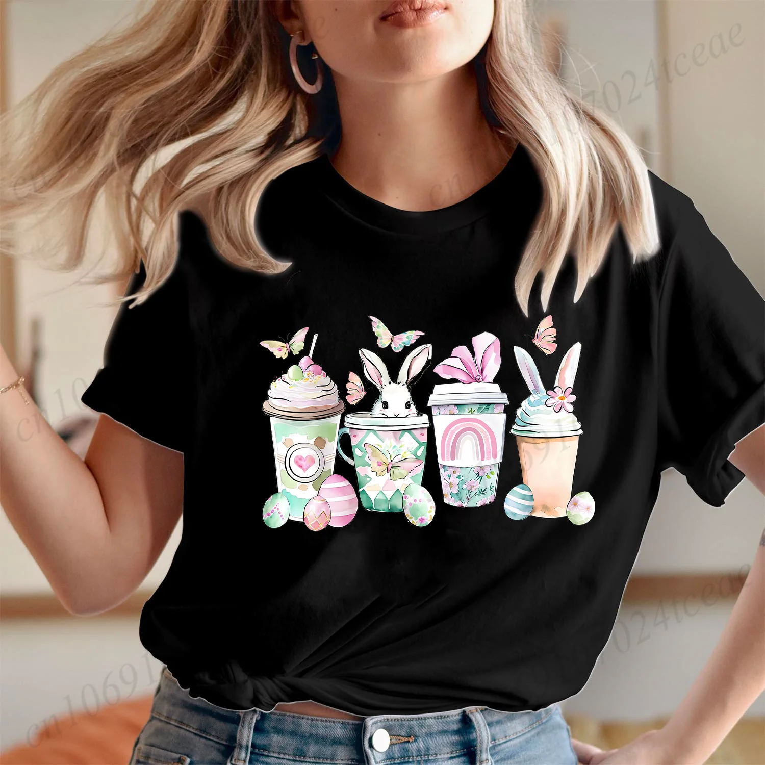 Cute Easter Bunny Women T-Shirt Fashion Graphic Y2k Tops Summer O Neck Short Sleeve Tees Casual Harajuku Female Clothing