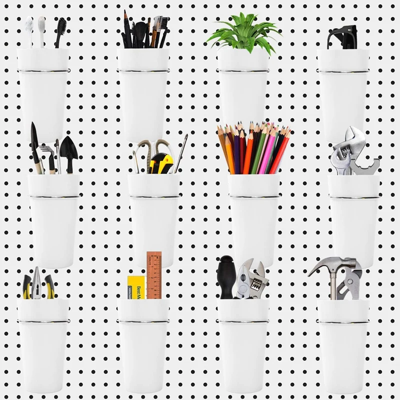 12 Sets Pegboard Bins With Rings Ring Style Pegboard Hooks With Pegboard Cups Pegboard Cup Holder Accessories (White)