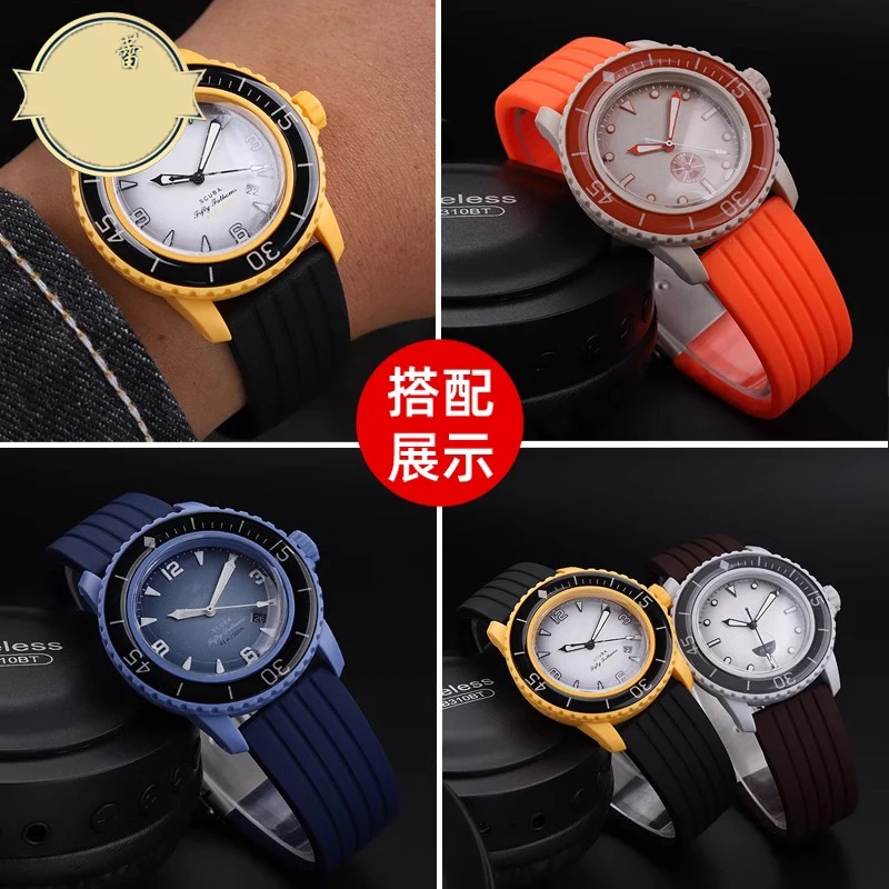 Correa de silicona de 22mm para Swatch X Blancpain Five Oceans Fifty Fathoms, pulsera de goma a rayas, bandas deportivas con hebilla de acero