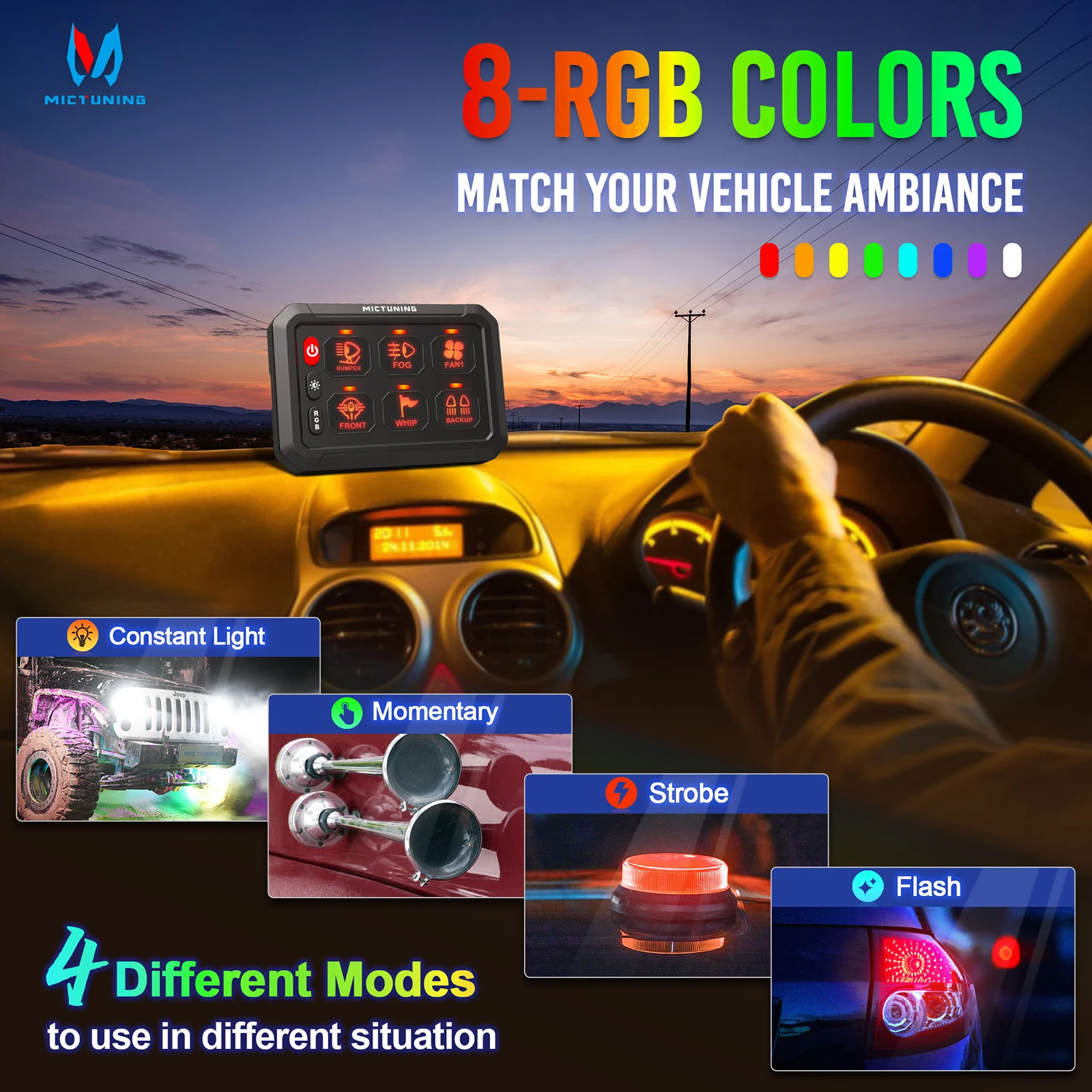 MICTUNING P1s RGB 6 Gang Switch Panel Multifunction Toggle Momentary Strobe Pulsed Switch Pod Adjustable RGB Colors Brightness