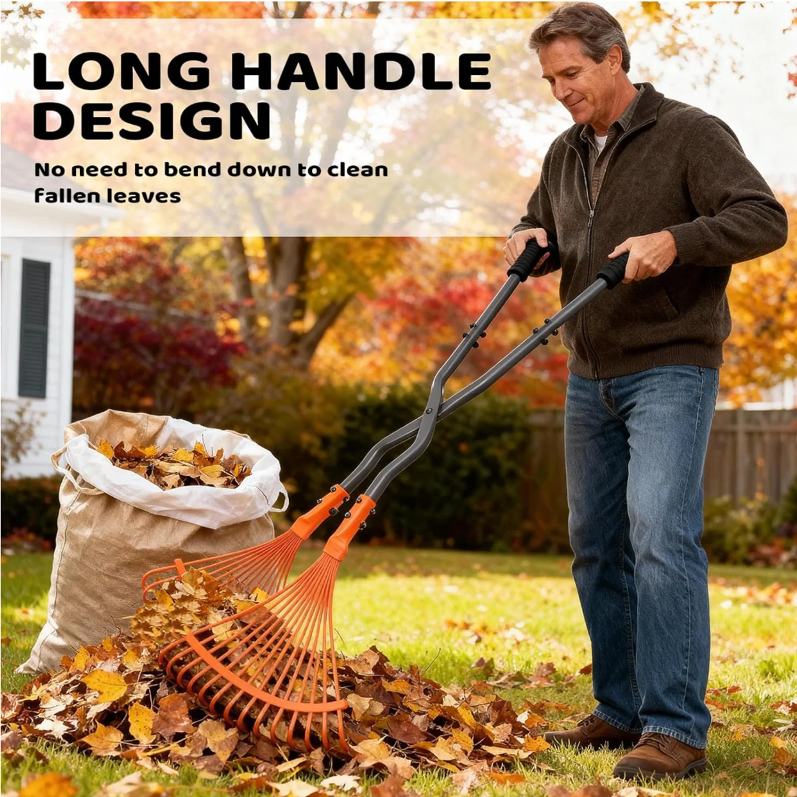 Leaf Collection Rake — Long Metal Handle — Ideal for Gathering Leaves and Clearing Debris in the Yard