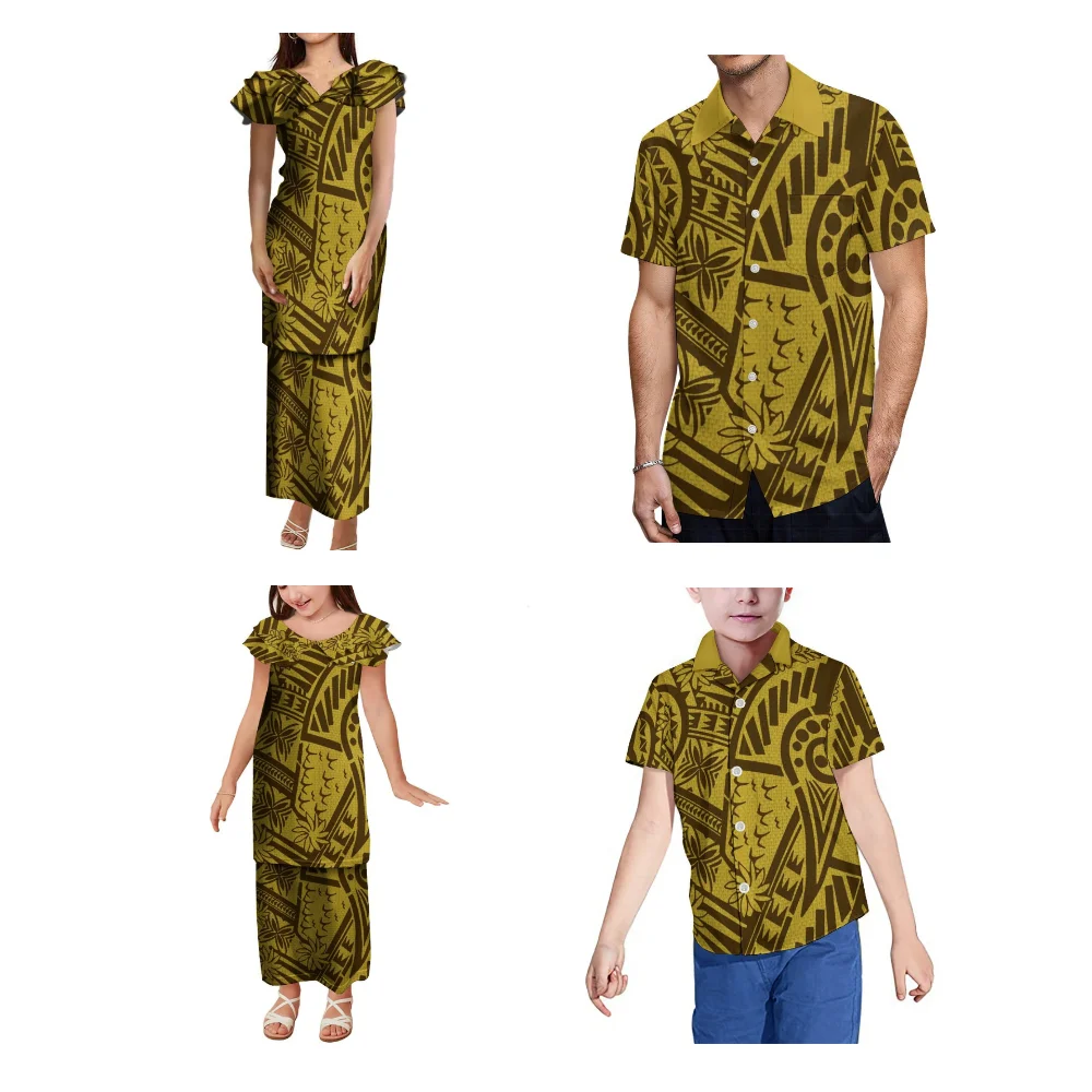 

Puletasi Double-Layer Long Skirt Shirt Summer Mother-Daughter Father-Son Family With Polynesian Tribal Ethnographic Print Custom