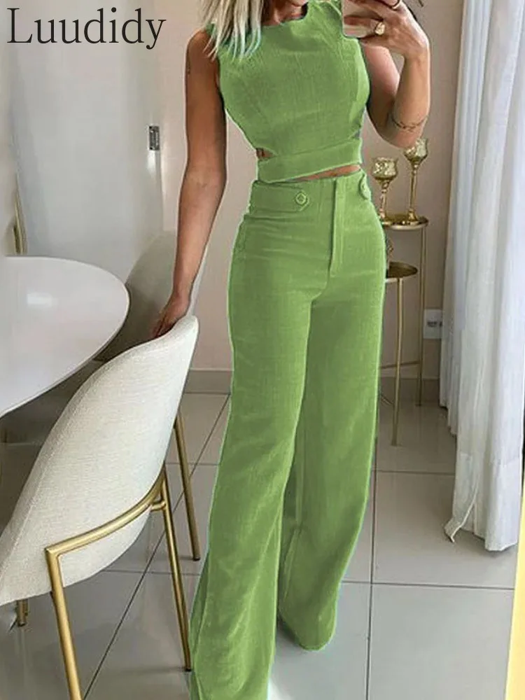 

Повседневный костюм без рукавов, офисный женский элегантный топ с круглым вырезом, комплект брюк с высокой талией