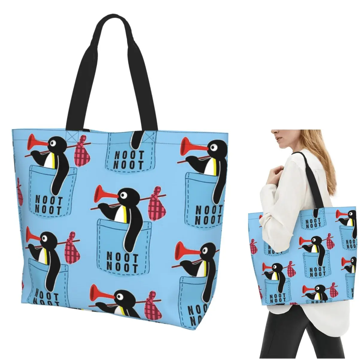 

Angry Pingu Noot Noot Pocket Официальный товар Сумка-тоут для покупок Холщовые сумки на плечо Сумка-шоппер для продуктов для женщин