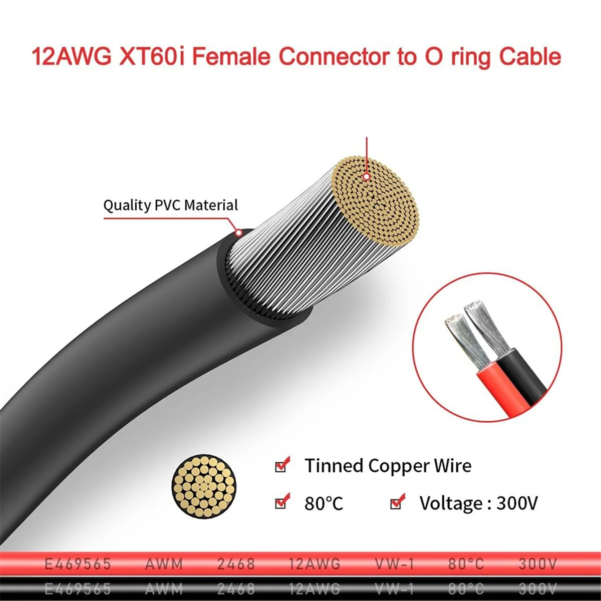 New 12AWG XT60i Female to O Ring Connector with Tinned Wire,for RC Battery Solar Portable Power Power Station & Solar Pane