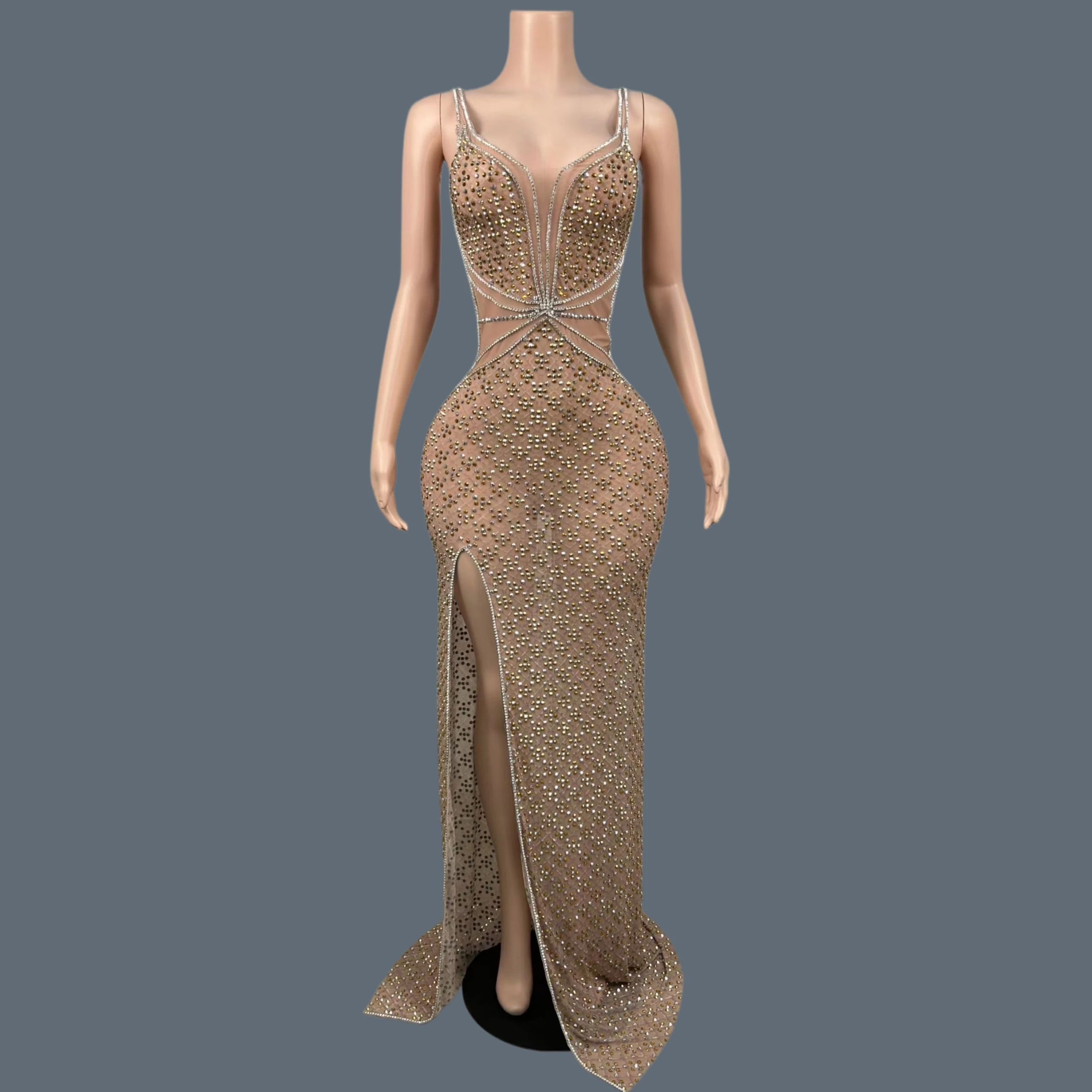 

Women Luxury Crystals Mesh See Through Long Dress Celebrity Elegant Evening Party Club Dress Singer Performance Costume Niudai