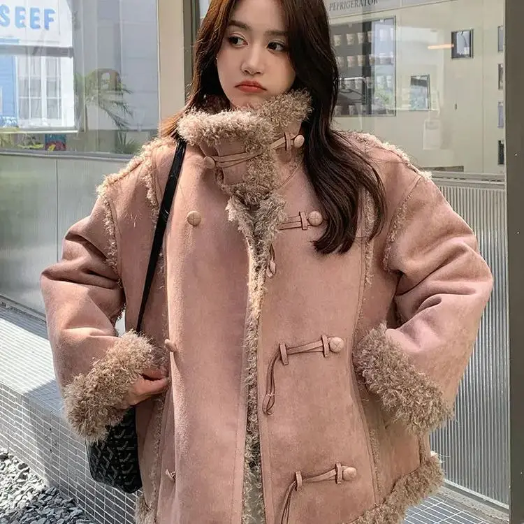 

Pink Fur One-Piece Lambswool Jacket Women Autumn Winter Thickened College Style Popular Motorcycle Jacket Plush Cotton Jacket