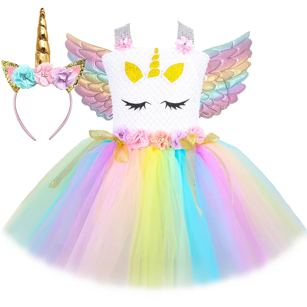 HJTT Princess Unicorn Dress for Girls Pastel Flowe Tulle Tutu Dress Toddler Kids Halloween Birthday Party Unicorn Costume Outfit