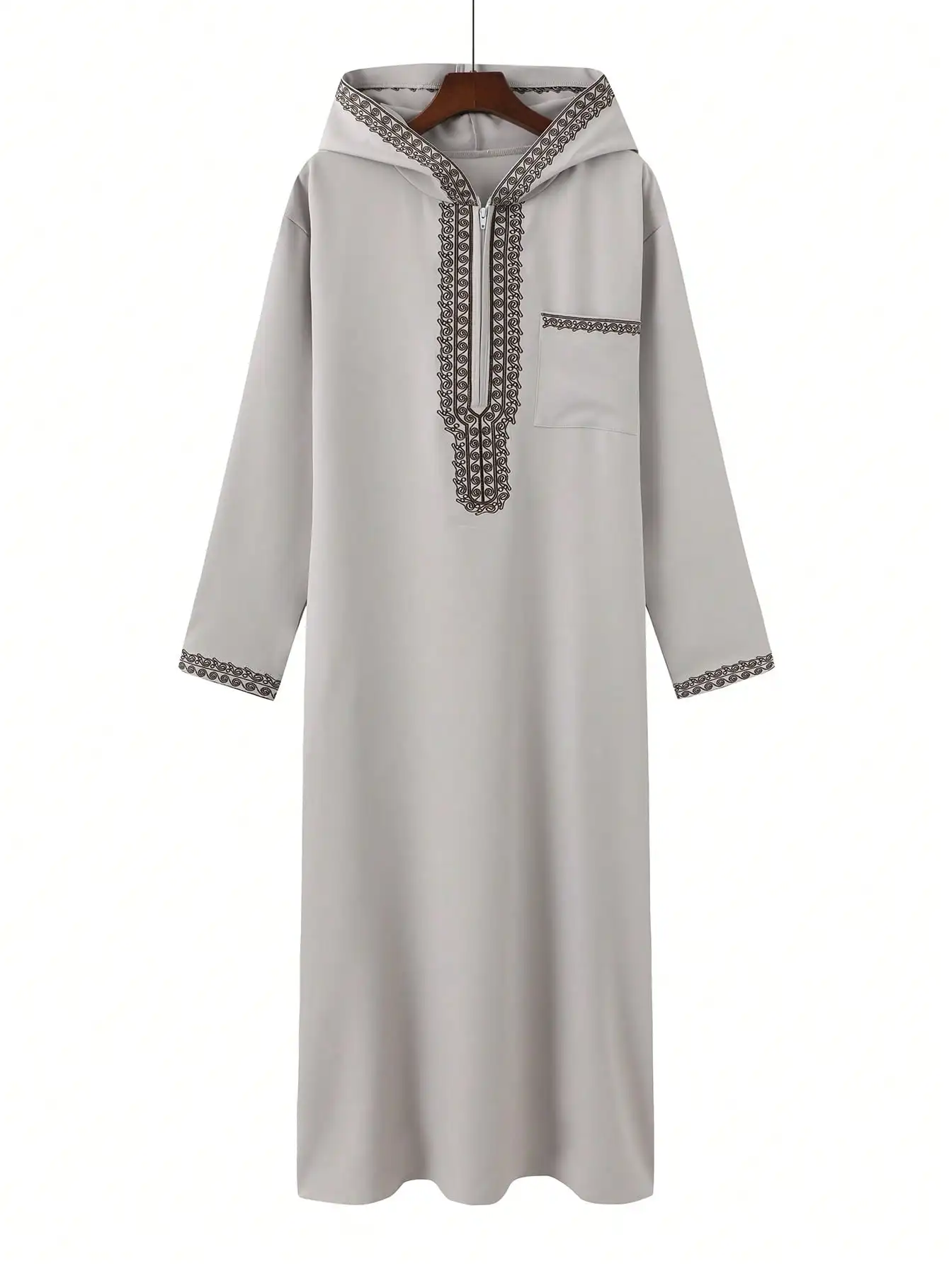Túnica masculina muçulmana marroquina de mangas compridas com capuz bordado, design islâmico, robe masculino solto, Jelleba, roupa tradicional para festas.