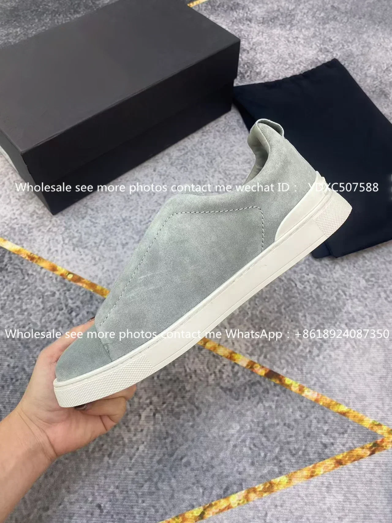 Grayish green suede